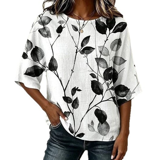 Floral Leaf Print Half-Sleeve Women's Top Retro Fashion Blouse