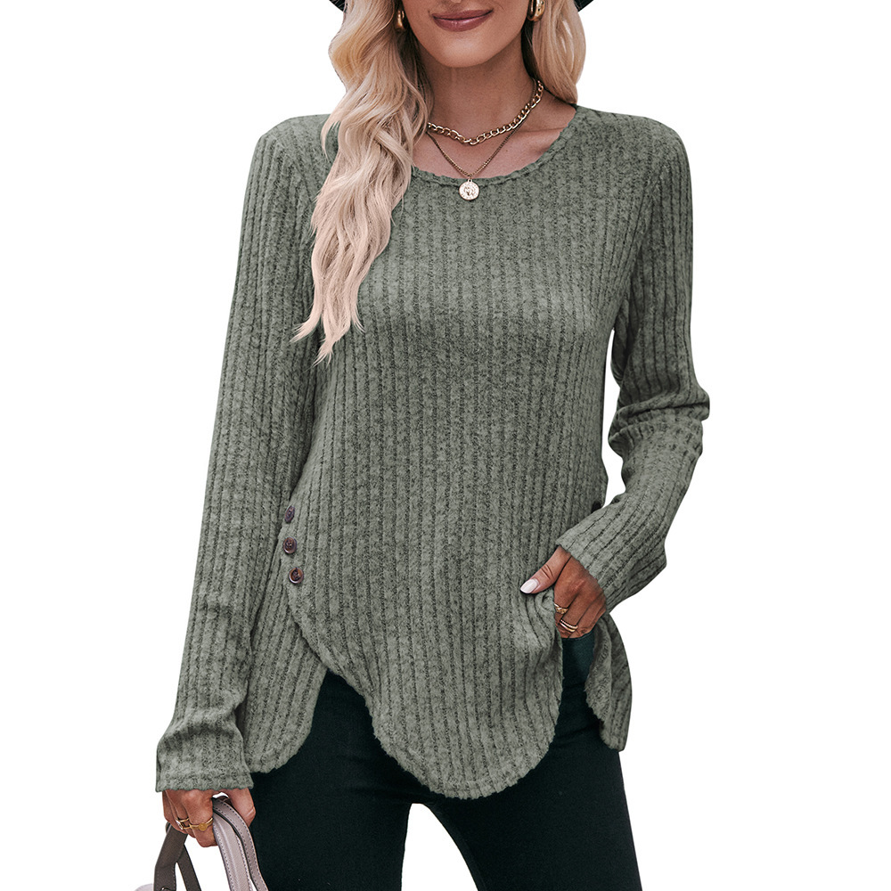 Women's Ribbed Brushed Crewneck Long-Sleeve Button T-Shirt