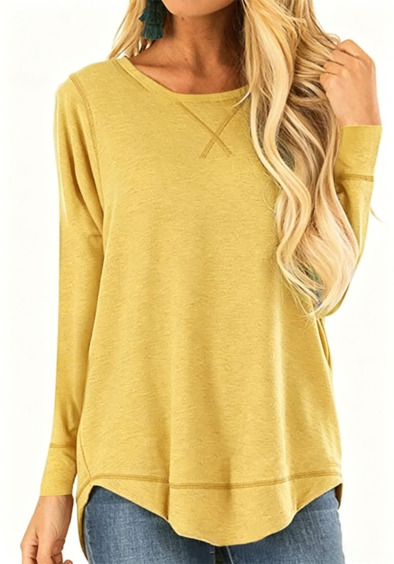 Women's Crewneck Long Sleeve T-Shirt Solid Loose High-Low Hem Casual Top