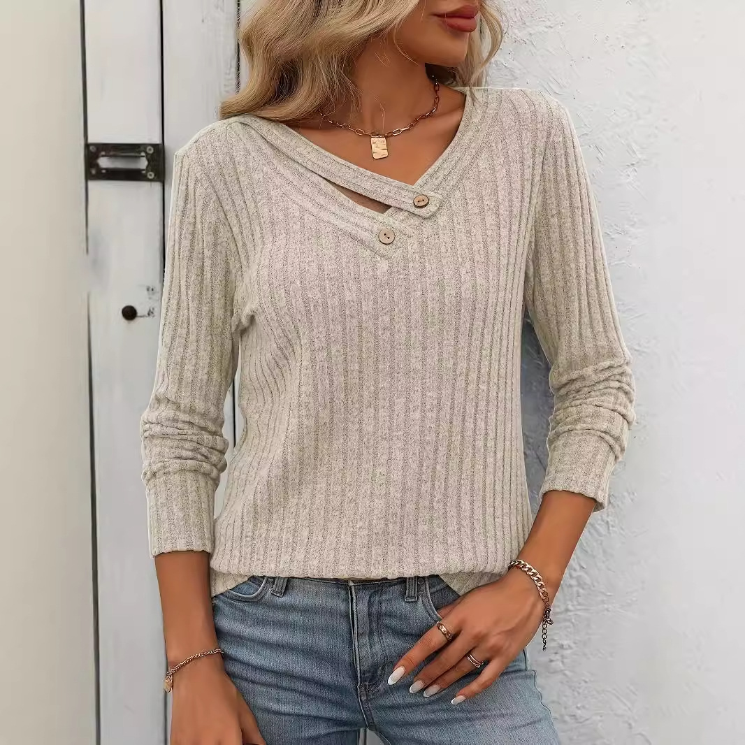 Women's V-Neck Button Knit Top Long Sleeve Slim Fit T-Shirt