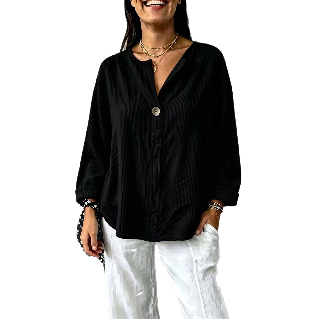 Women's Loose V-Neck Long Sleeve Corduroy Button-Up Top