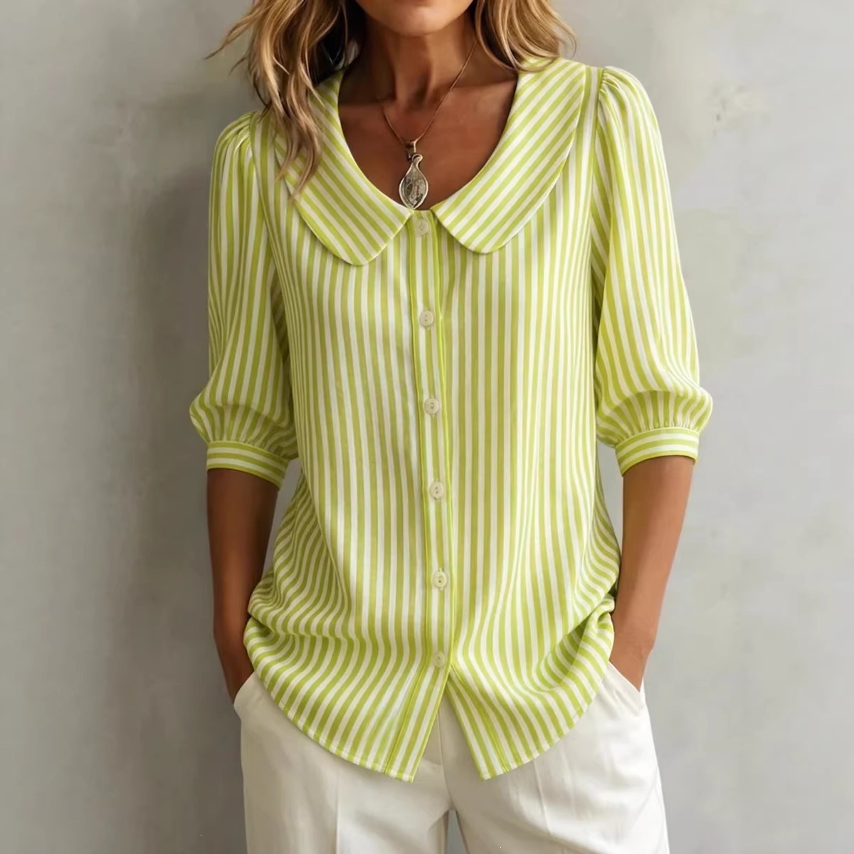 Striped V-Neck Half-Sleeve Blouse Top for Women