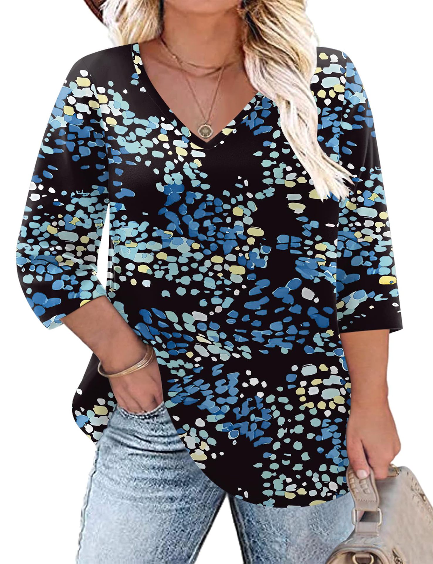 Women's Floral Print V-Neck Loose Long Sleeve T-Shirt