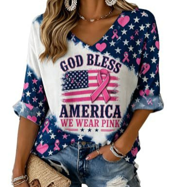 Ribbon Star Print V-Neck Half-Sleeve Women's T-Shirt