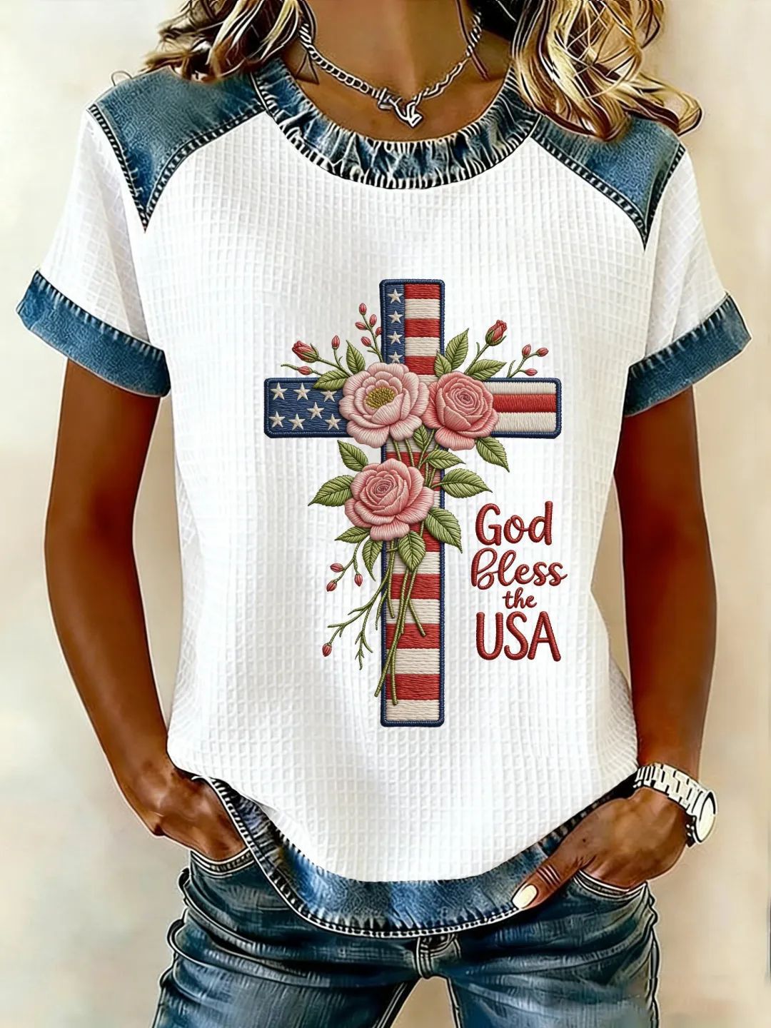 Cross & USA Floral Print Short-Sleeve T-Shirt