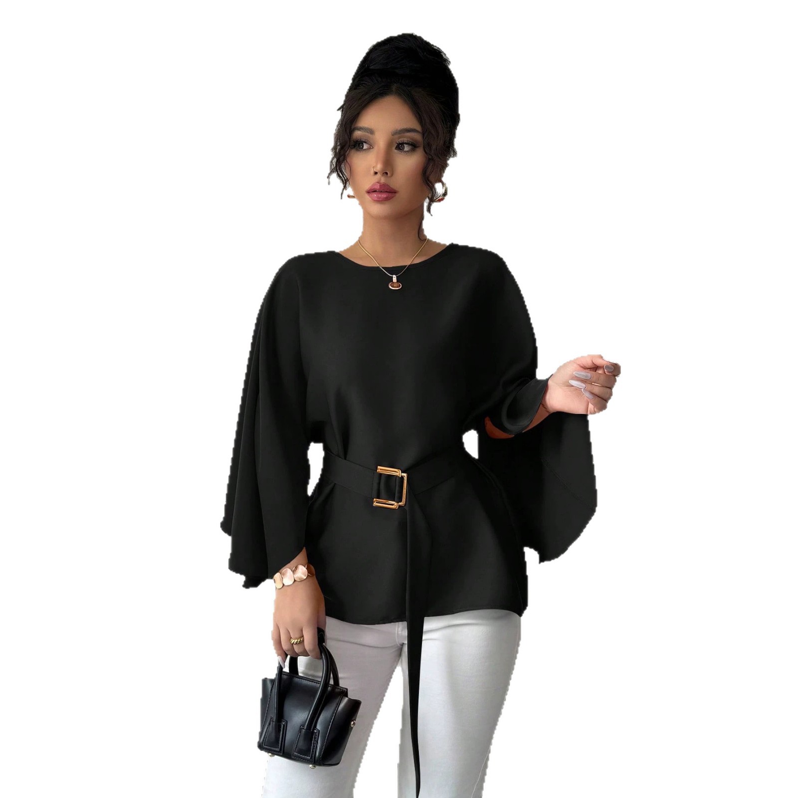 French Vintage Ruffle Sleeve Round Neck Slimming Top