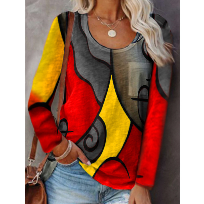 Women's Colorblock Geometric Print Long Sleeve T-Shirt
