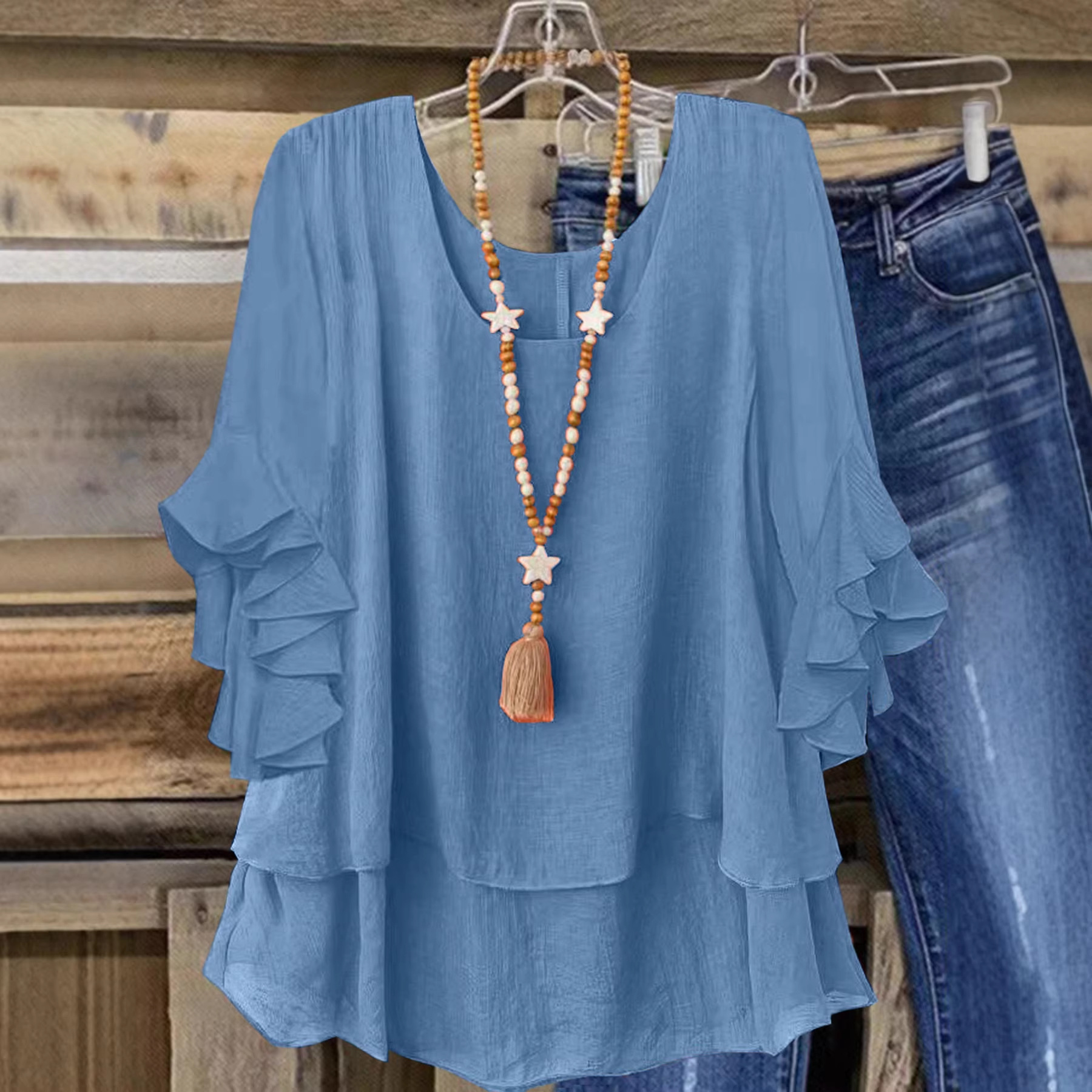 Women's Round Neck Flared Sleeve Loose Fit Casual Top