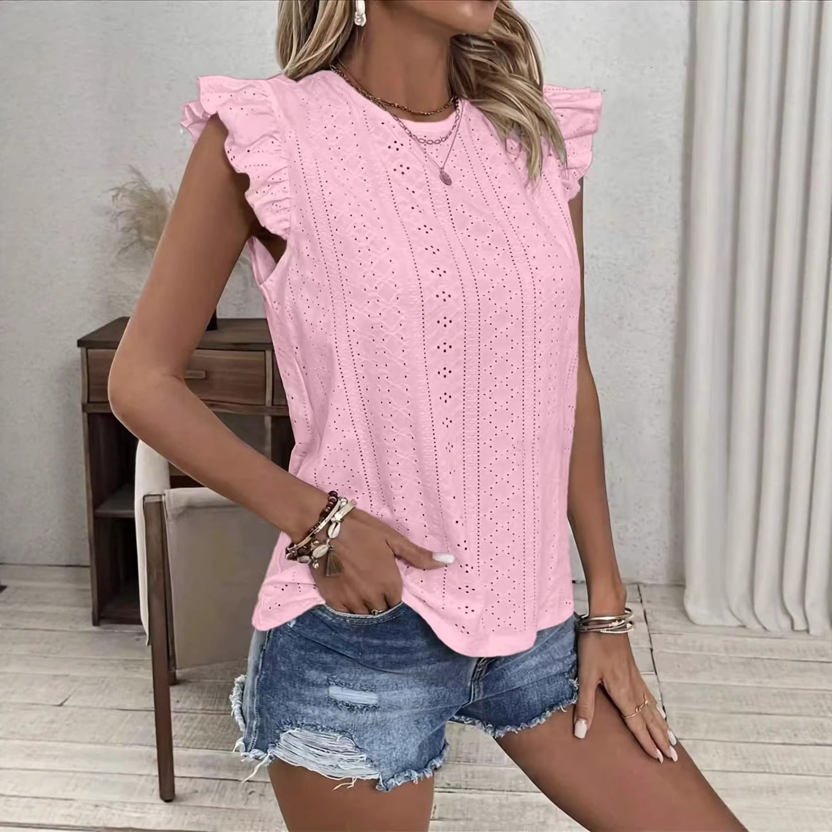 Women's Crewneck Ruffle Sleeve Tie-Back Solid Top