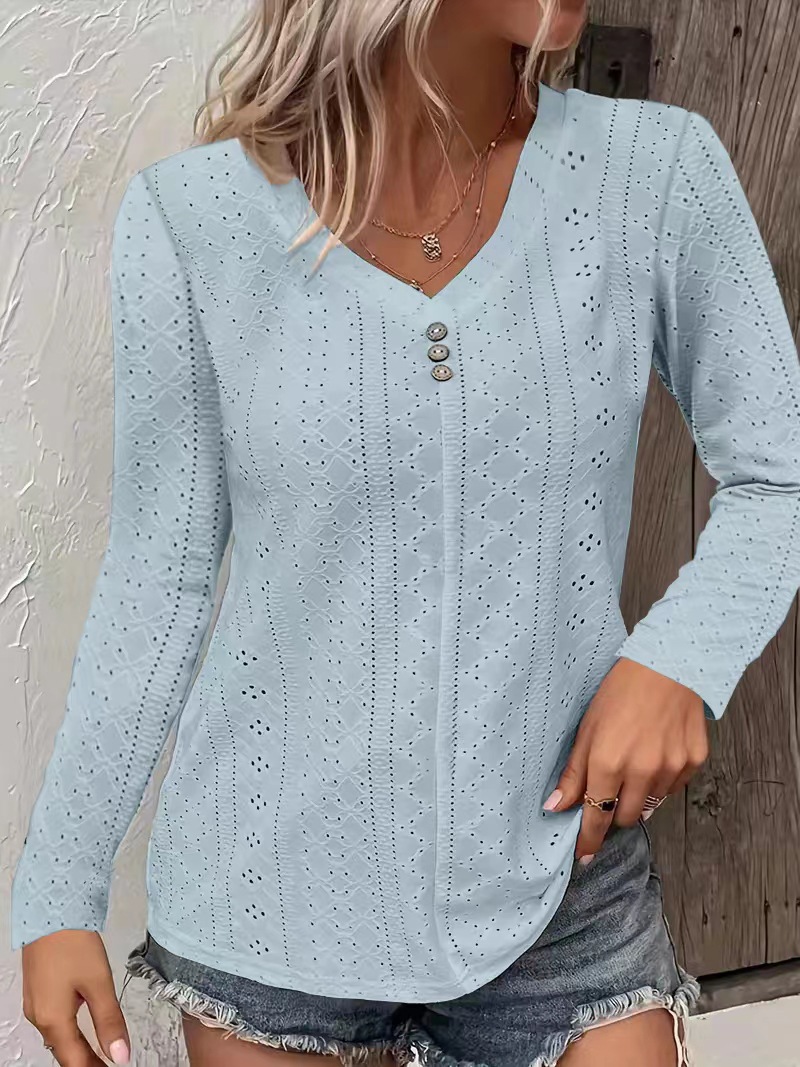 Women's Solid V-Neck Button-Detail Long-Sleeve T-Shirt