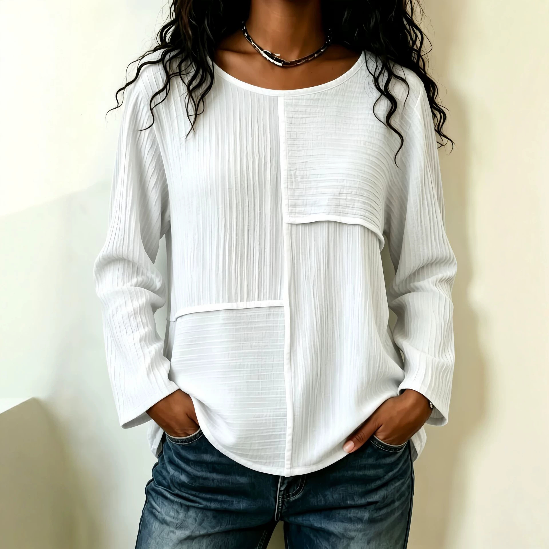 Women's Summer Long Sleeve Crewneck Patchwork Loose Casual T-Shirt