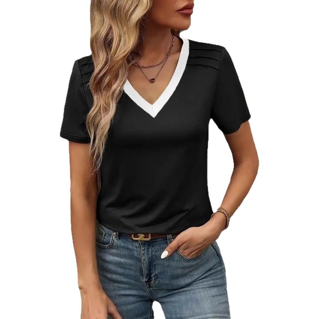 V-Neck Short-Sleeve Colorblock Women's T-Shirt
