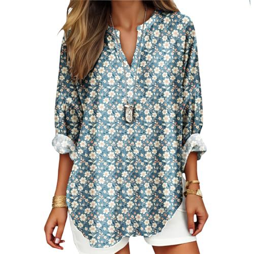 Women's Floral Polka Dot Print V-Neck Long Sleeve T-Shirt