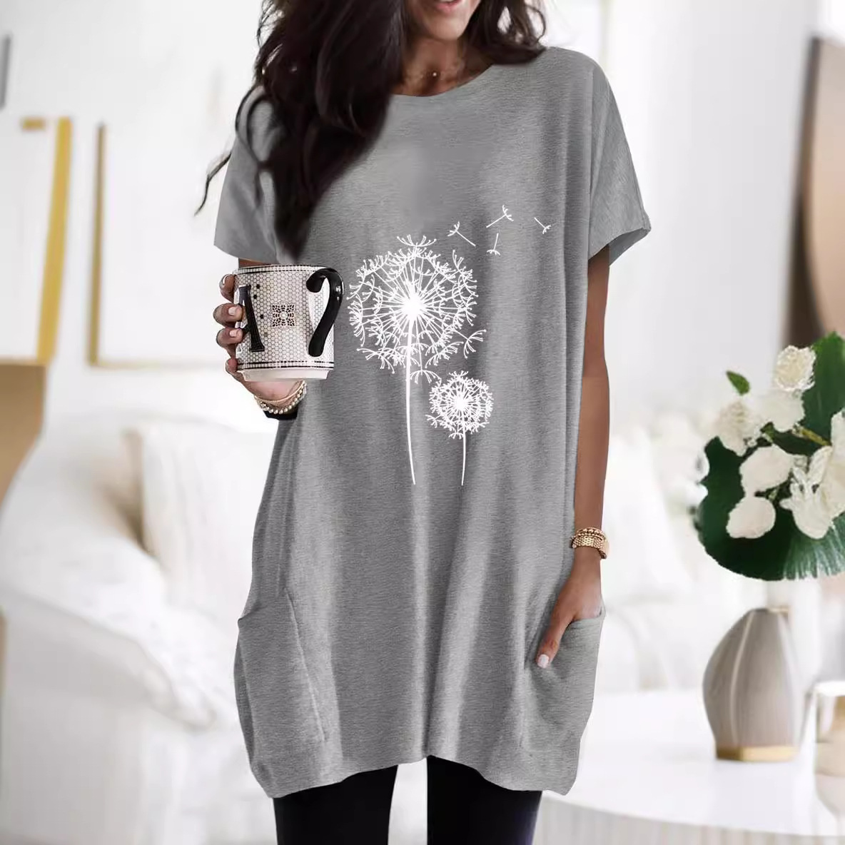 Side Pocket Dandelion Print Short Sleeve Loose Long T-Shirt