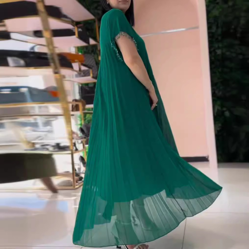Women's Solid Color Round Neck Short Sleeve Pleated Dress