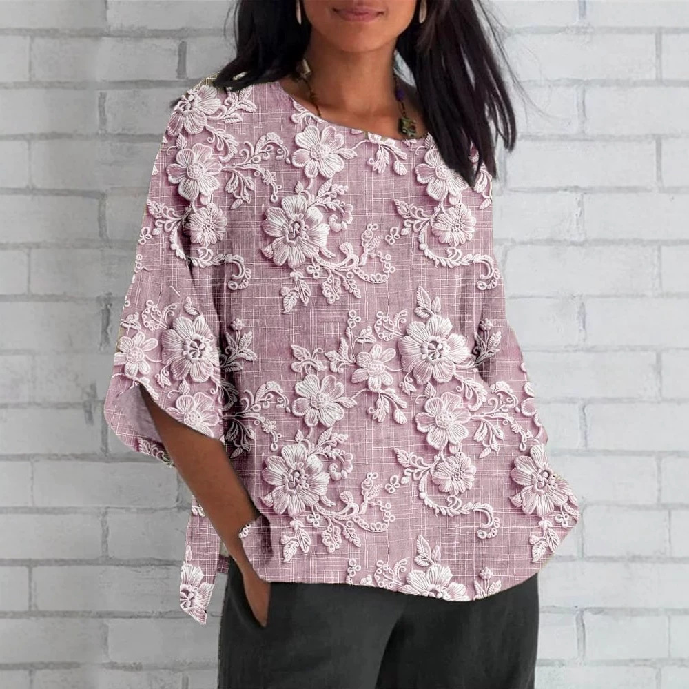 Women's Floral Petal Print Mid-Sleeve Casual Top