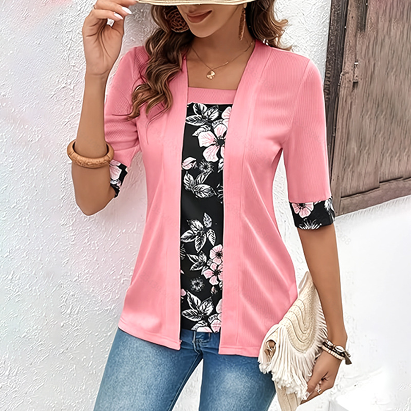 Women's Faux Two-Piece Short Sleeve Printed Top