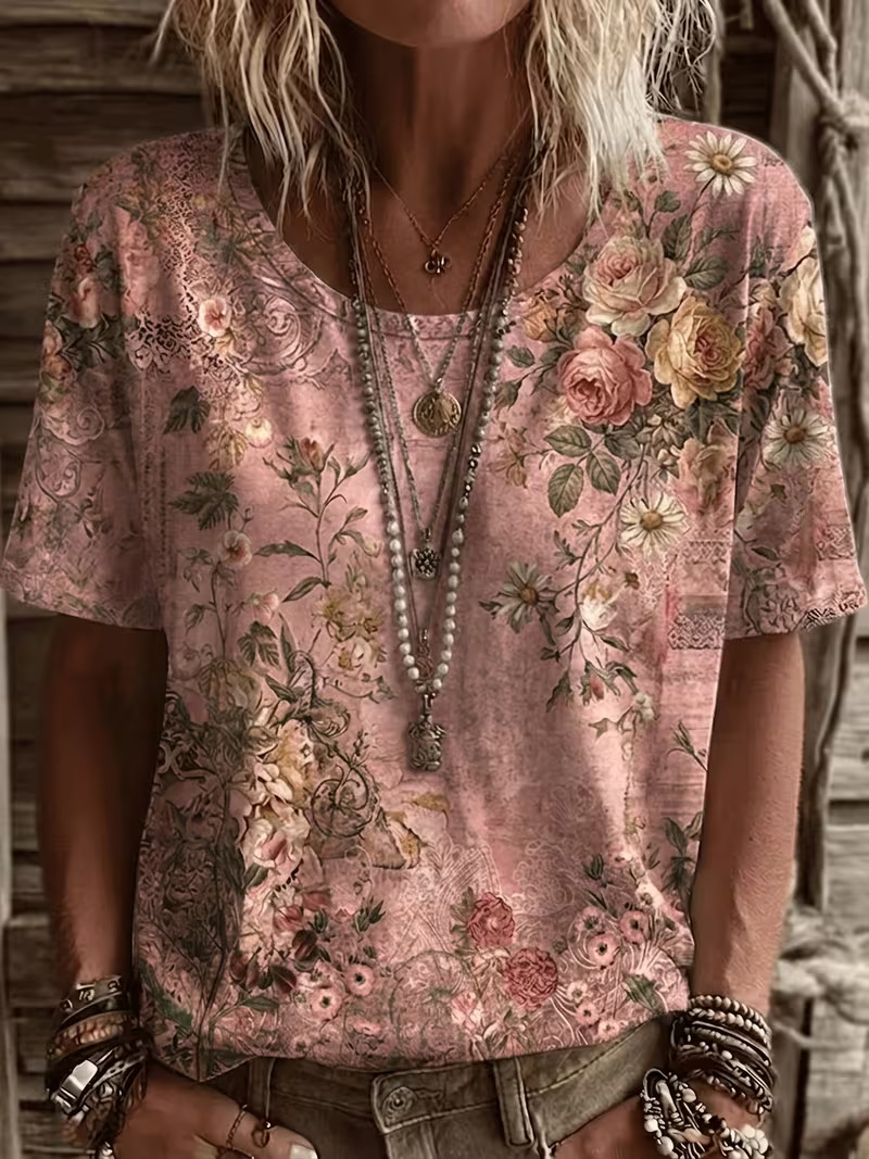 Retro Floral Print Short Sleeve T-Shirt