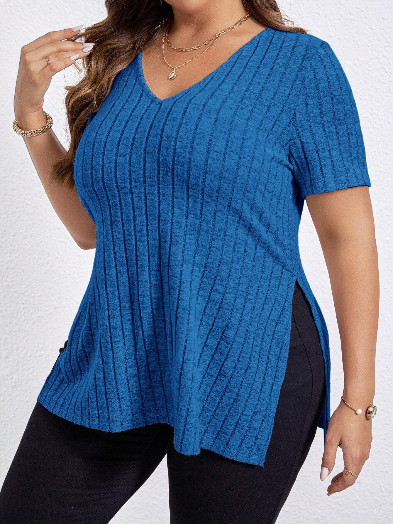 Women's Plus Size Ribbed V-Neck Short Sleeve Split Hem T-Shirt
