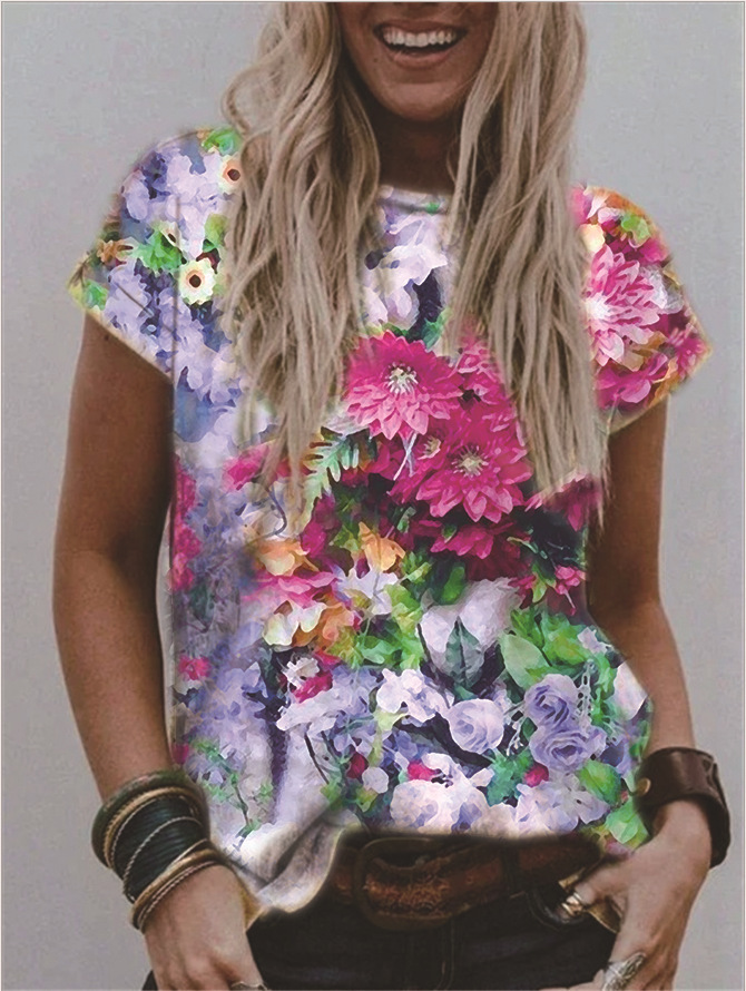 Women's V-Neck Floral Print Short Sleeve Loose Fit T-Shirt