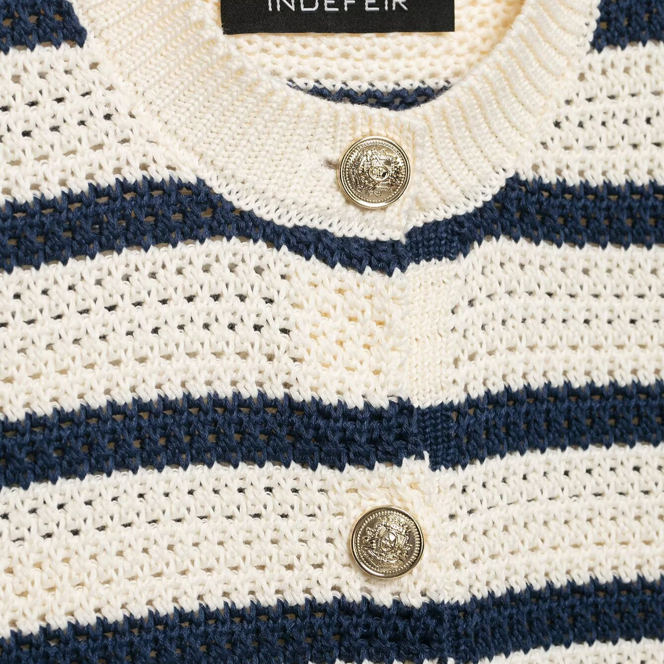 Striped Button-Front Crewneck Knit Sweater