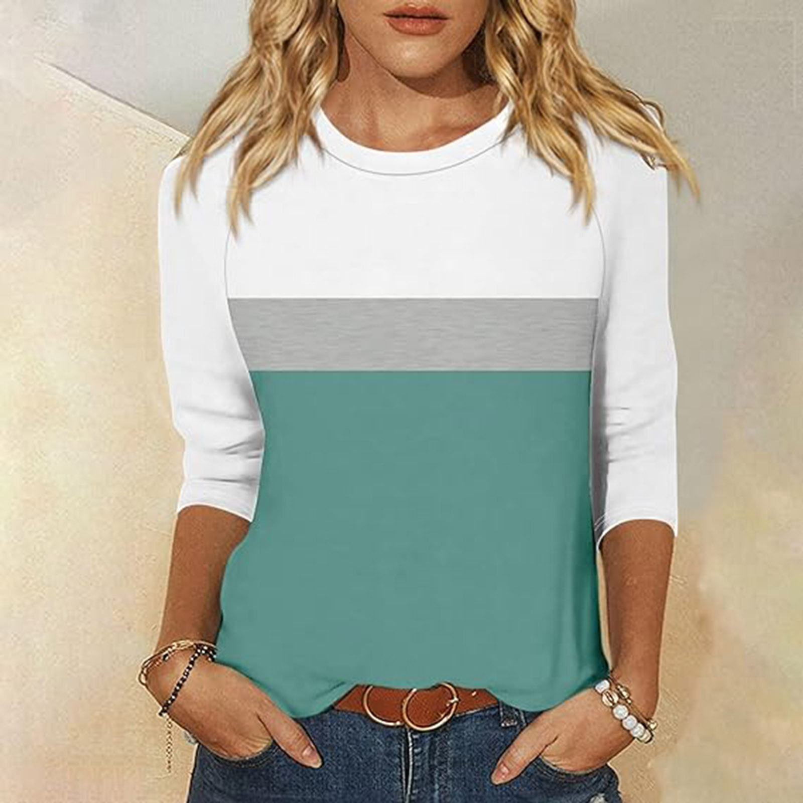 Women's Colorblock Houndstooth 3/4 Sleeve Crewneck T-Shirt