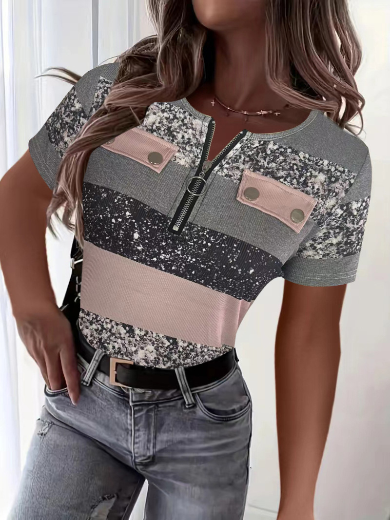 V-Neck Colorblock Print Zip-Up Top