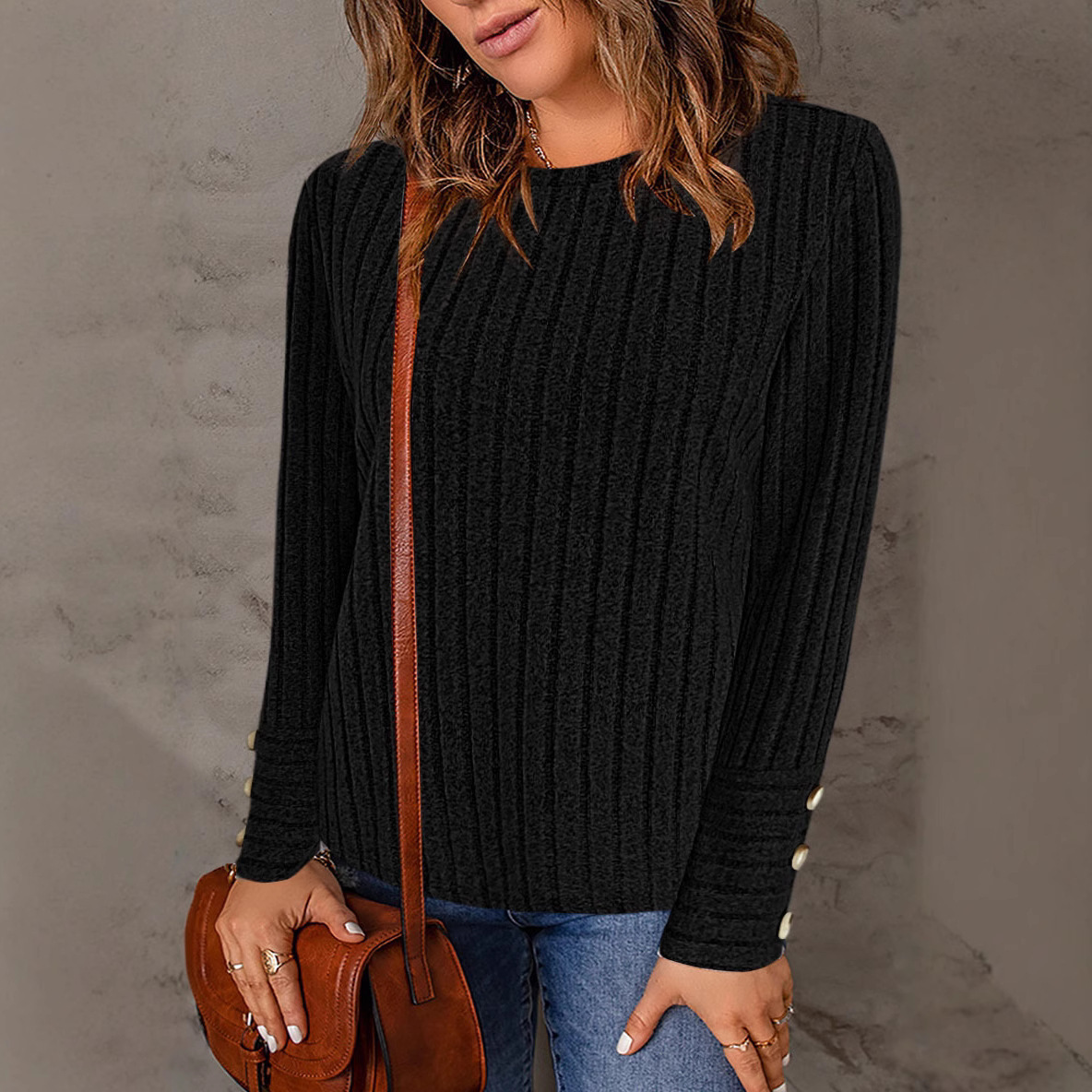 Women's Solid Color Crewneck Long Sleeve Button Top