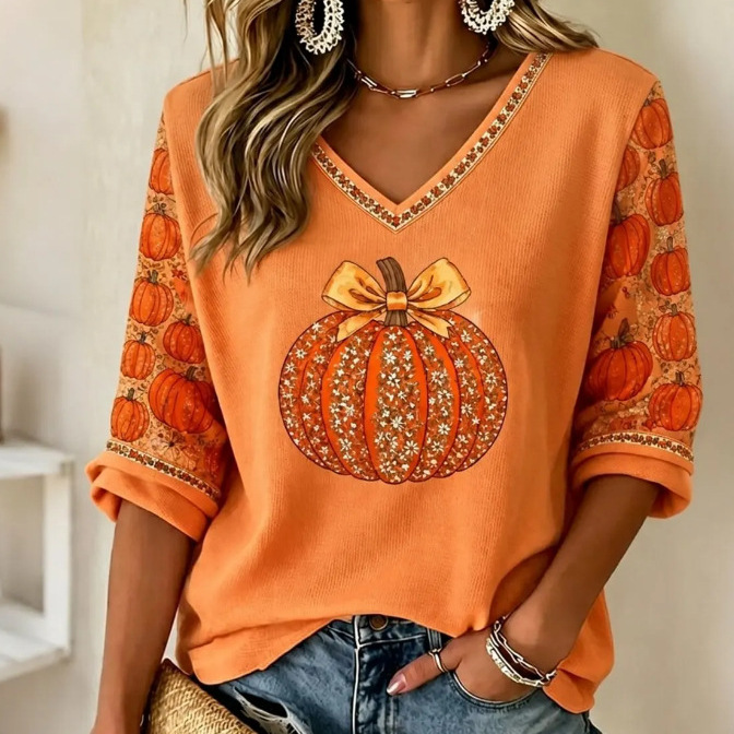 Pumpkin Bow Print V-Neck Half-Sleeve T-Shirt