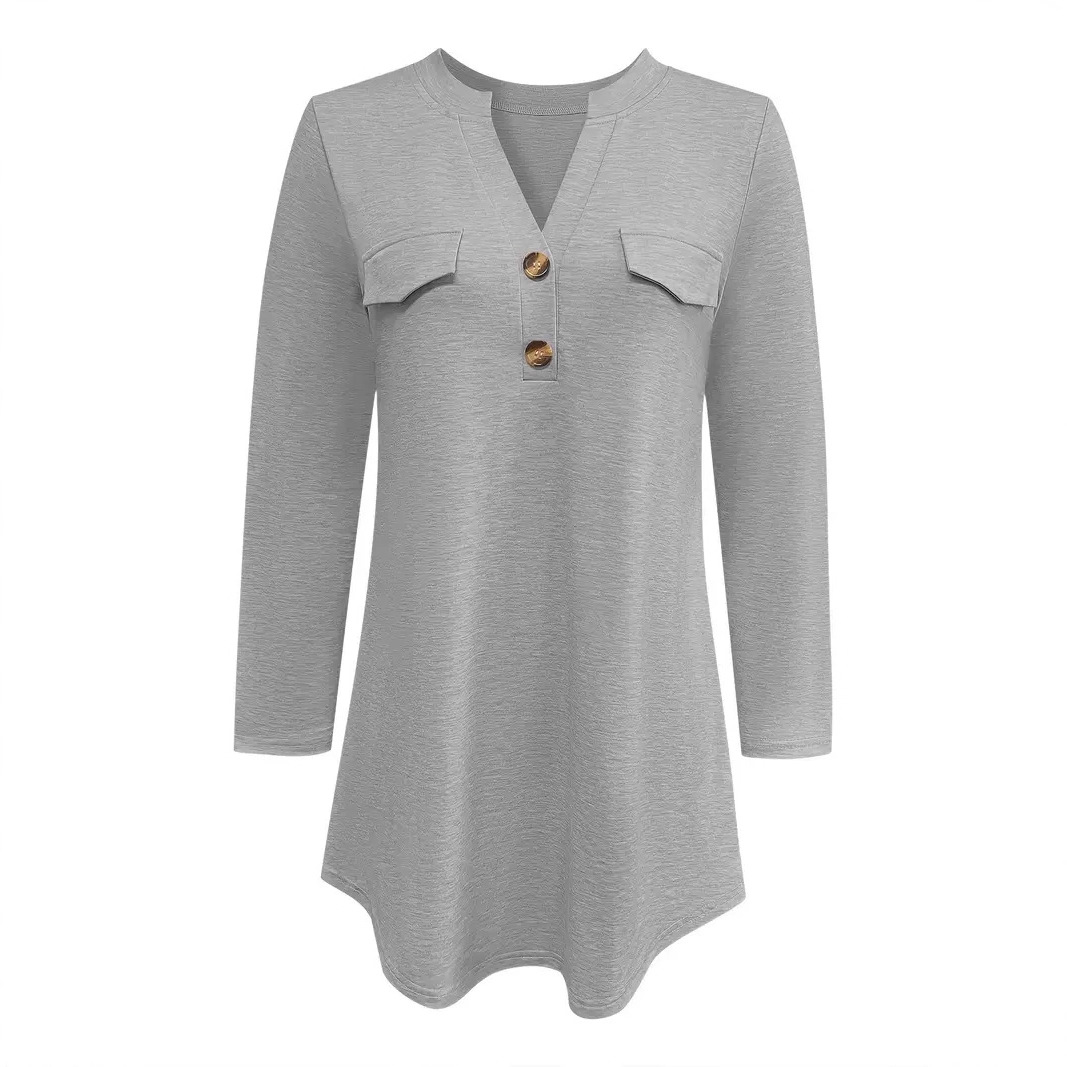 Women's Long Sleeve V-Neck Button Solid Color A-Line Tunic Top