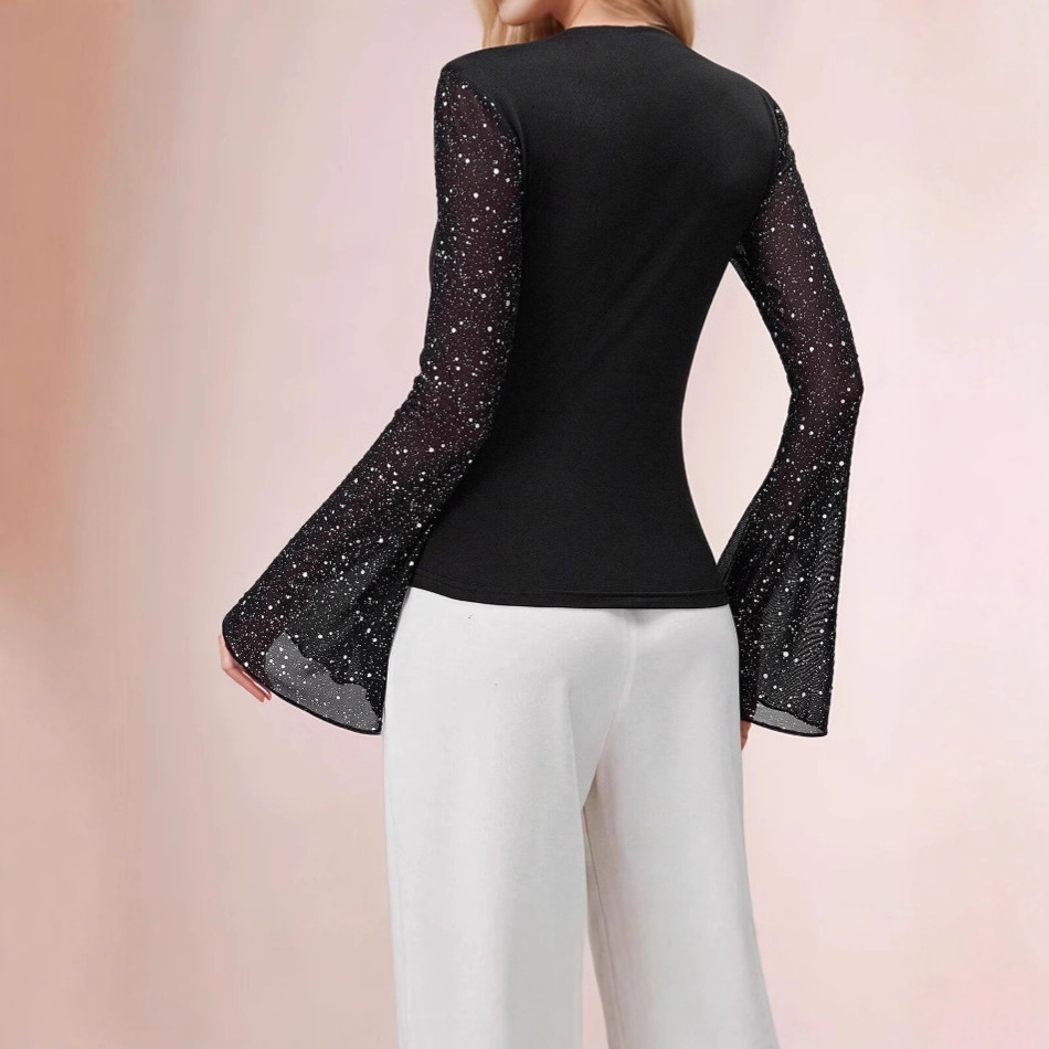 Women's Long Sleeve Silver Sequin Mesh T-Shirt