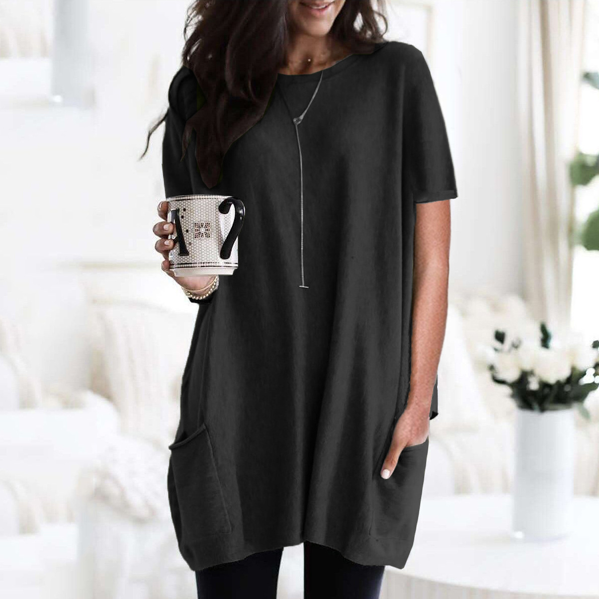 Women's Long Sleeve Pocket T-Shirt Casual Loose Fit Crew Neck Top