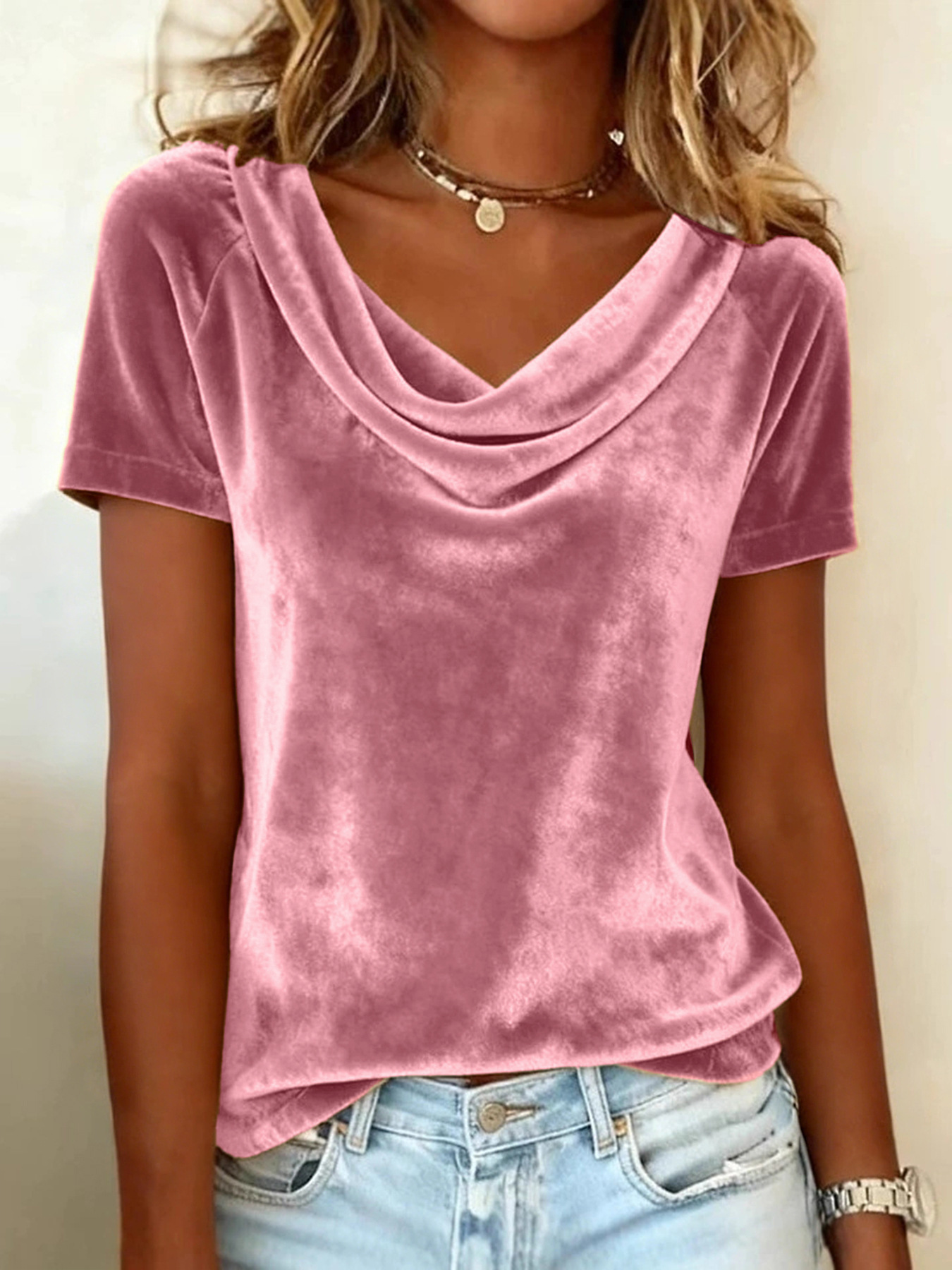 Solid Cowl Neck Short Sleeve Velvet T-Shirt