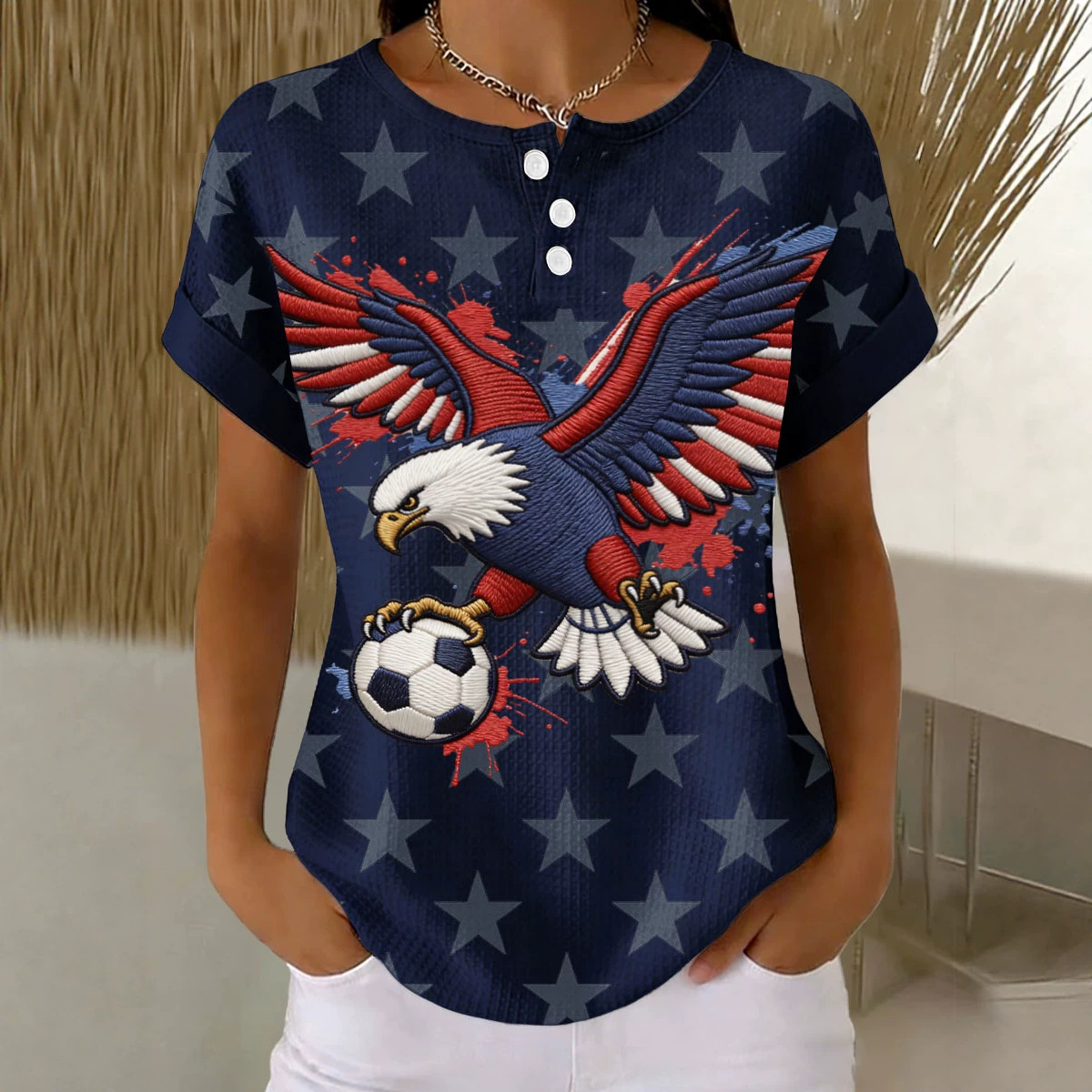 Men's Summer Eagle Graphic Short Sleeve Button-Up Shirt