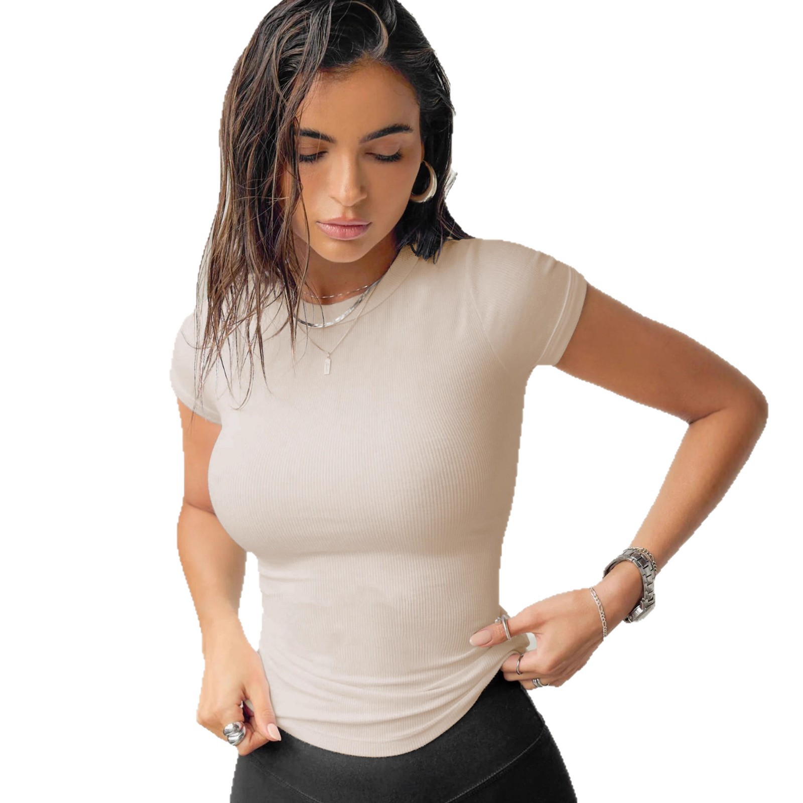 Women's Ribbed Slim Fit Short Sleeve Crew Neck T-Shirt Solid Color