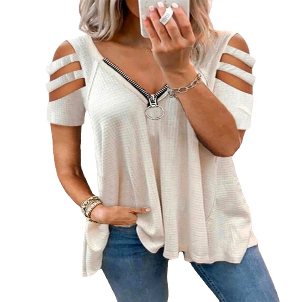 Women's Cold-Shoulder Short-Sleeve V-Neck Zip Solid T-Shirt Top