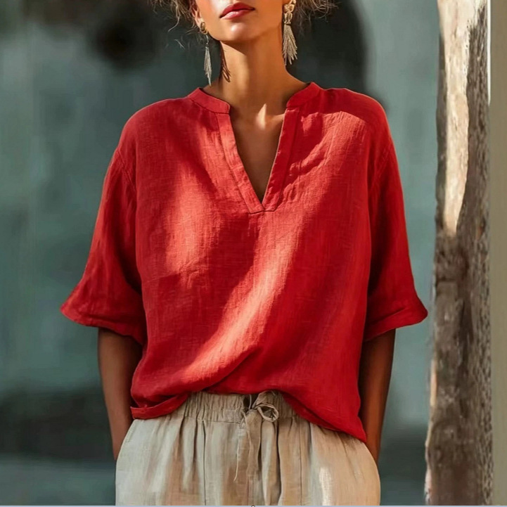 Women's Solid V-Neck Three-Quarter Sleeve Cotton-Linen Top