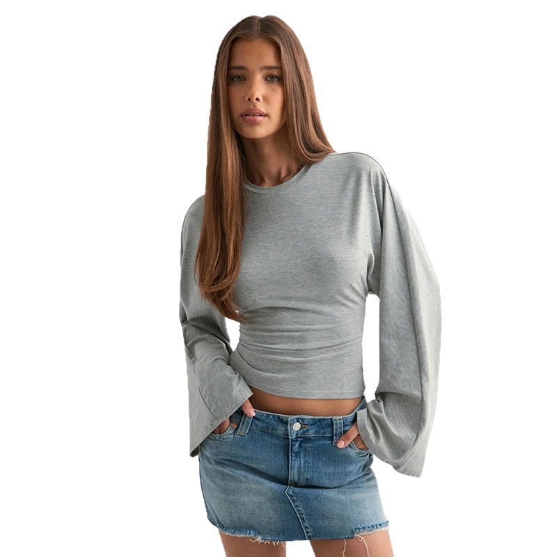 Women's Solid Crewneck Cinched-Waist Long-Sleeve Top