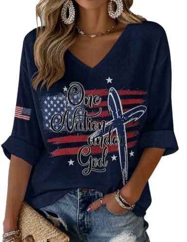 American Flag Letter Print V-Neck Half-Sleeve T-Shirt for Women