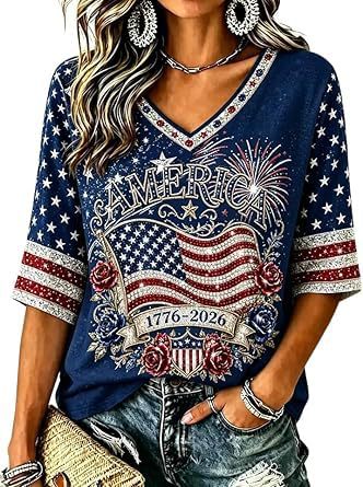 Women's American Flag Firework Print V-Neck Short Sleeve T-Shirt