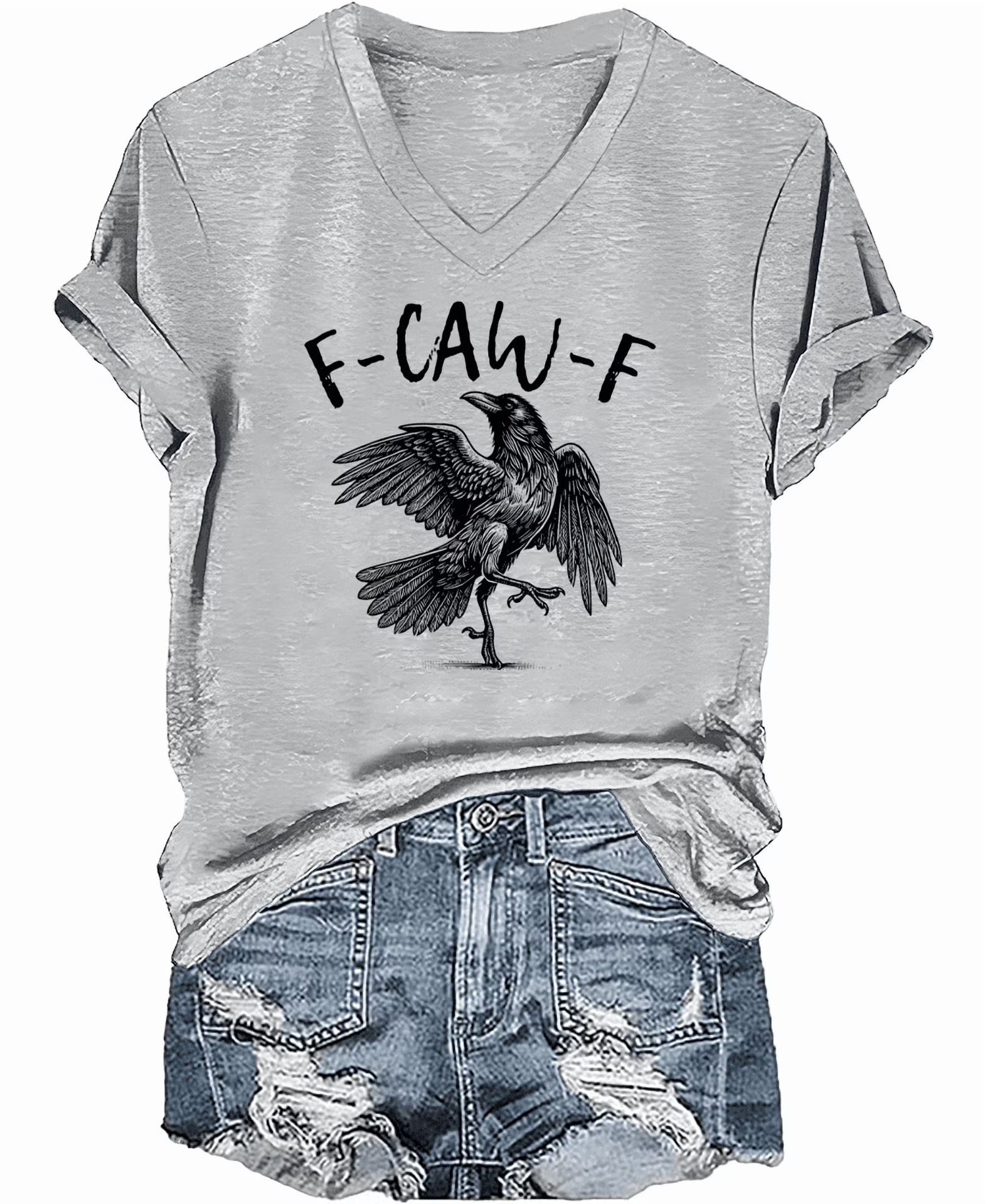 Flying Raven Graphic V-Neck Short Sleeve T-Shirt for Women