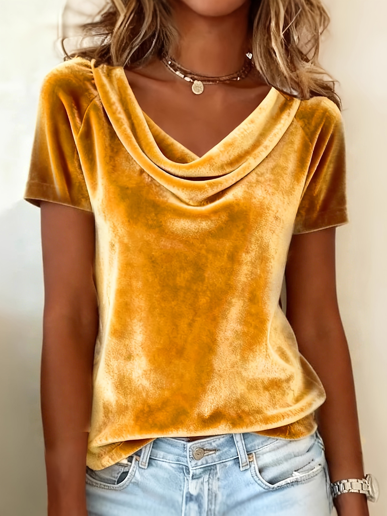 Solid Cowl Neck Short Sleeve Velvet T-Shirt