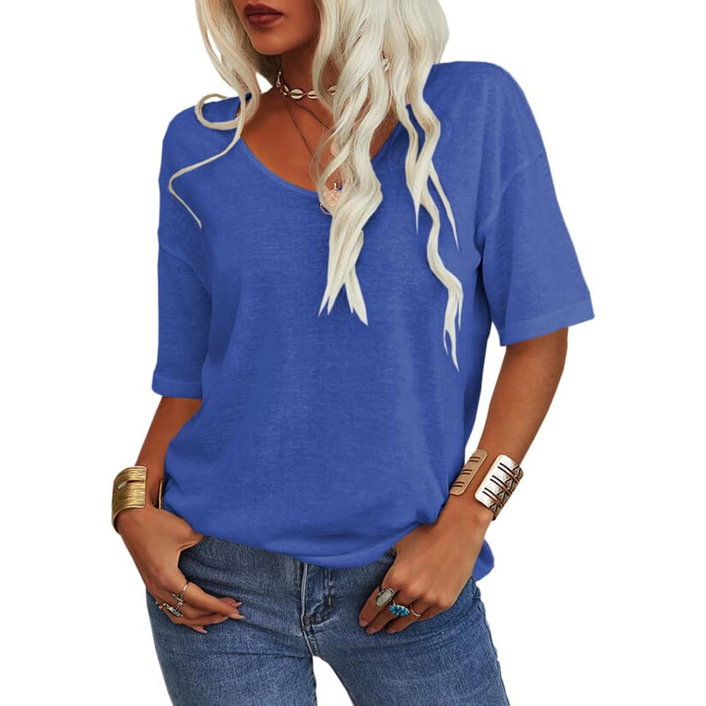 Women's V-Neck Short Sleeve Loose Fit T-Shirt Casual Solid Color Basic Top