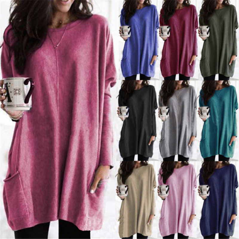 Women's Long Sleeve Pocket T-Shirt Casual Loose Fit Crew Neck Solid Color