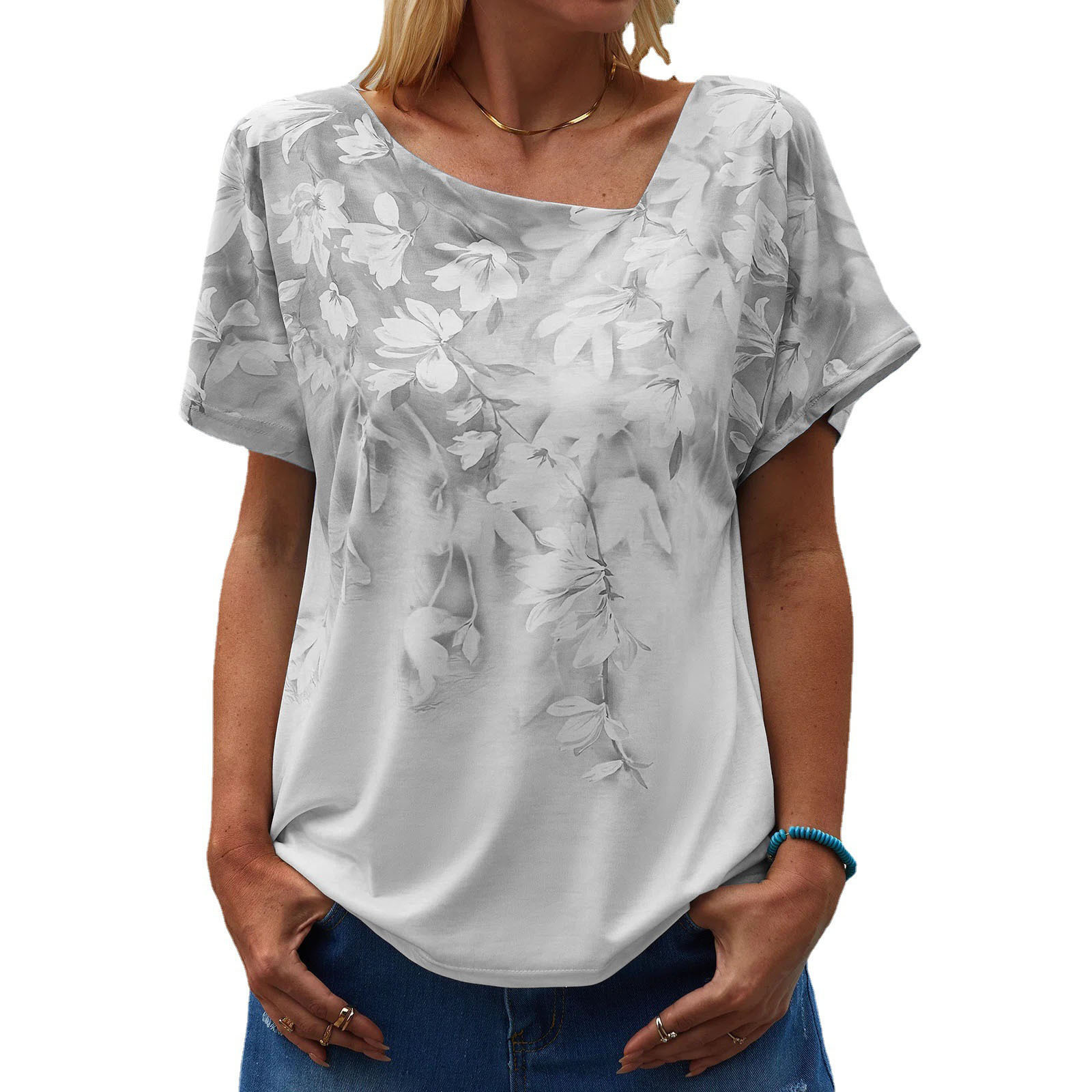 Floral Print Short Sleeve Asymmetric Neck Loose Fit T-Shirt