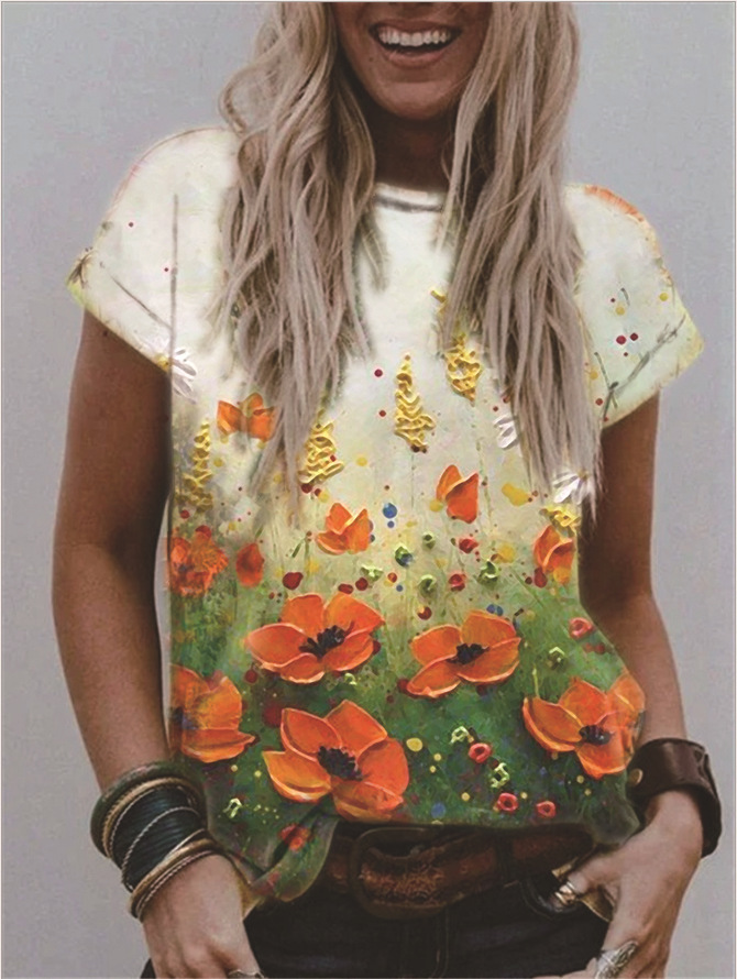 Women's V-Neck Floral Print Short Sleeve Loose Fit T-Shirt
