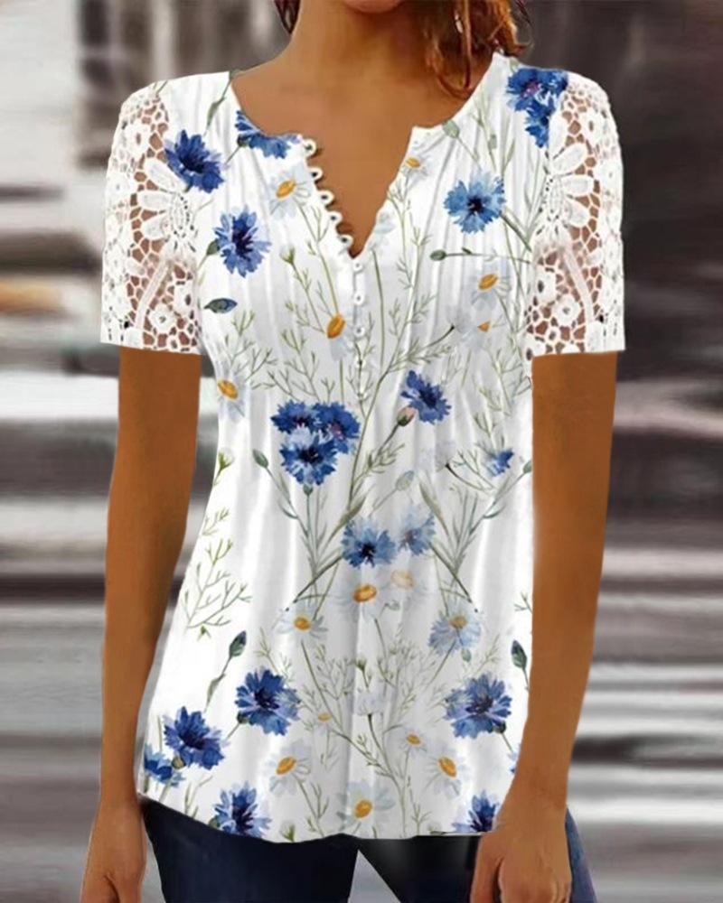 Women's Lace Trim Pleated Solid Button T-Shirt