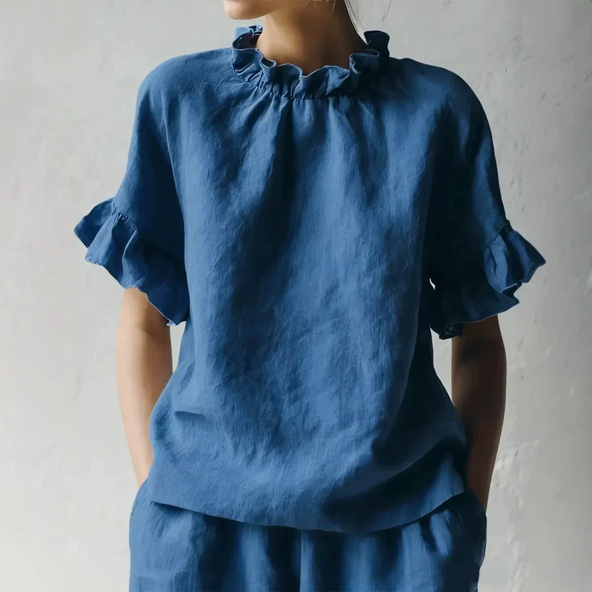 Women's Summer Solid Color Ruffle Short Sleeve Loose Casual Top