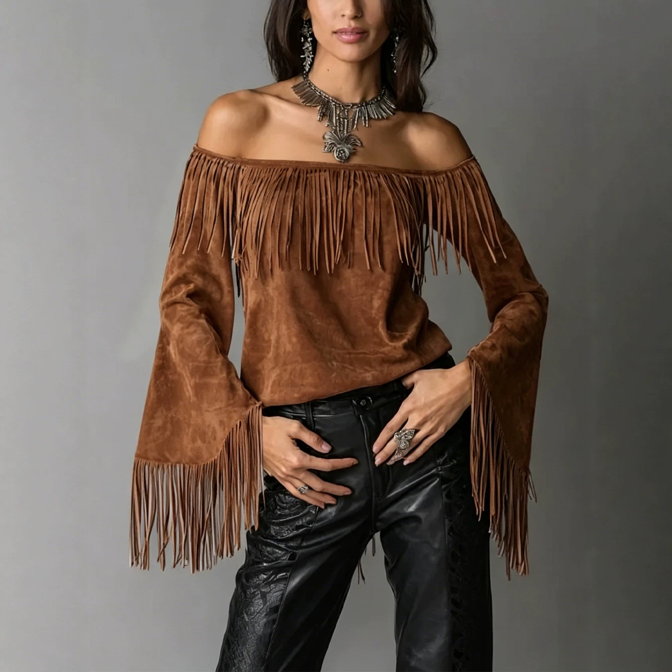 Women's Off-Shoulder Faux Suede Fringe Top with Flared Sleeves