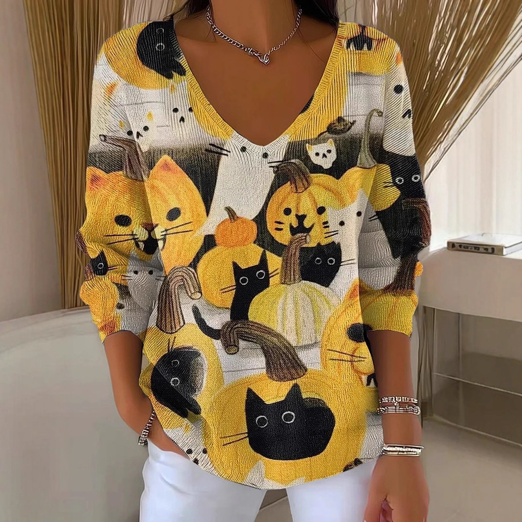 Women's V-Neck Long-Sleeve Cat Floral Pumpkin Print T-Shirt